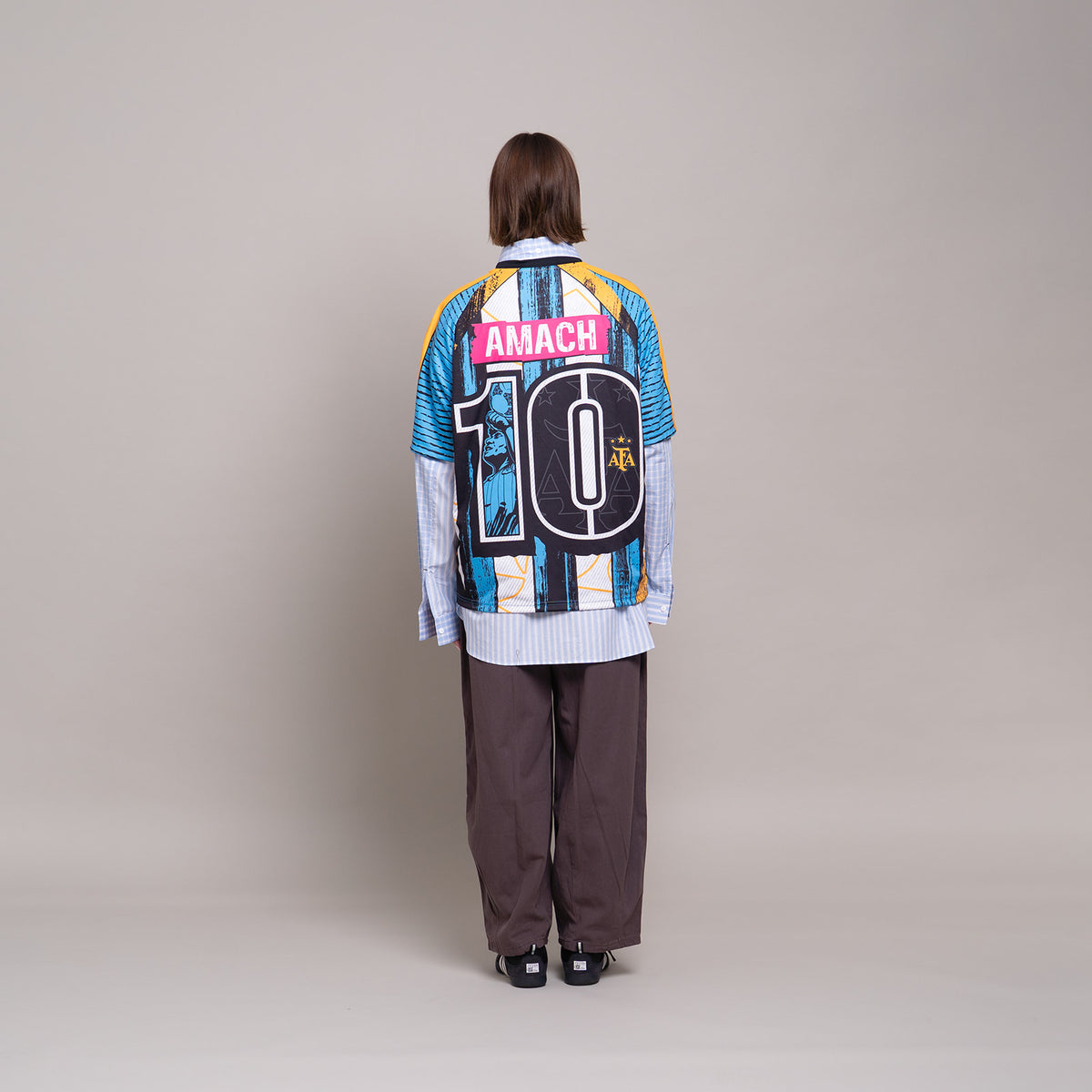 AMACH Rebel Athletics Maradona jersey, blue, white and yellow 90s-style football shirt, back with number 10
