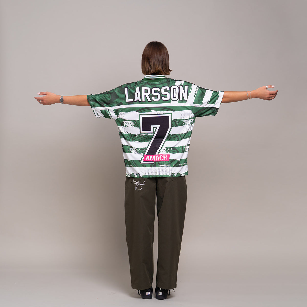 AMACH Rebel Athletics Larsson jersey, green and white hooped 90s-style football shirt, back with Larsson 7