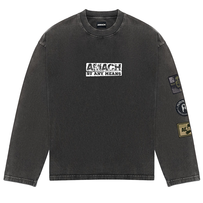 AMACH By Any Means vintage black oversized long sleeve t-shirt with front print and three sewn-on patches