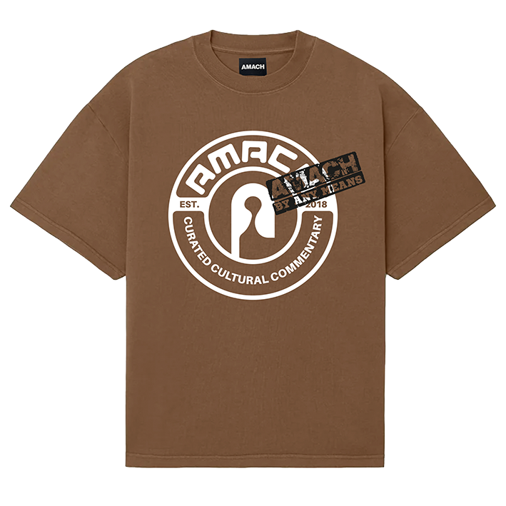AMACH By Any Means brown oversized t-shirt with two-colour safety-pin circle screen print