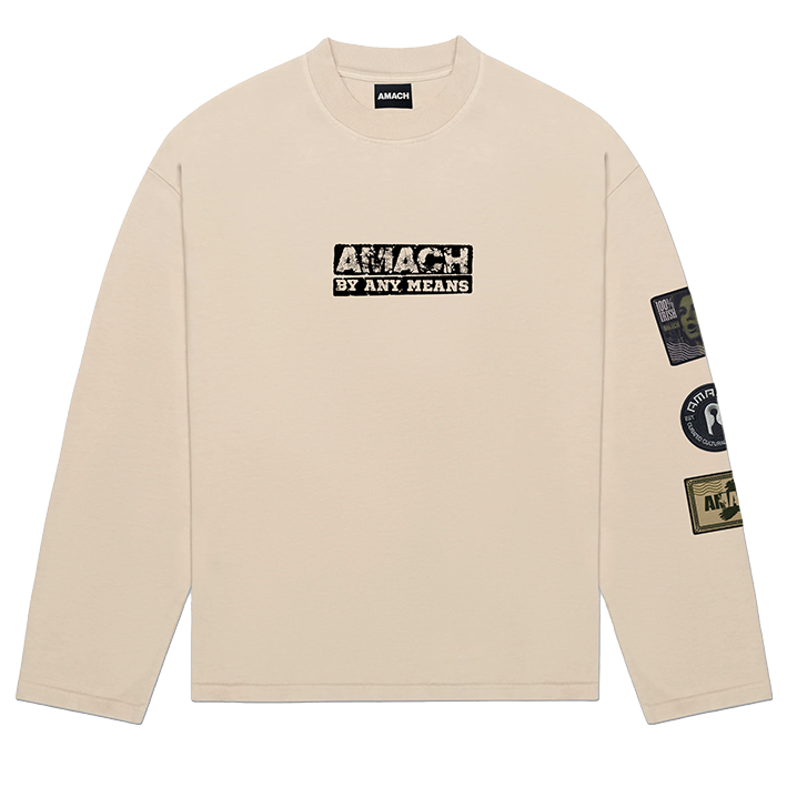 AMACH By Any Means cream oversized long sleeve t-shirt with front print and three sewn-on patches