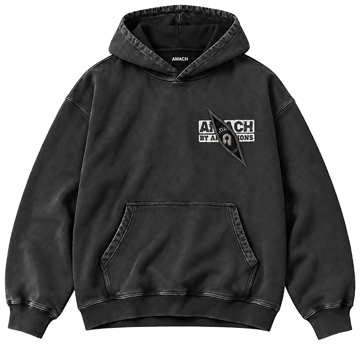 AMACH By Any Means vintage black distressed hoodie with hand-cut chest revealing an embroidered patch