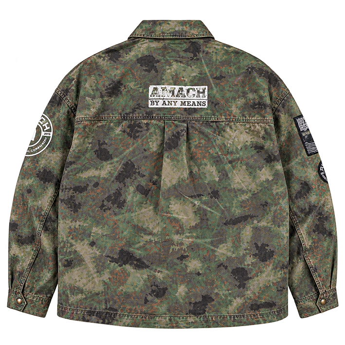 AMACH By Any Means camo military jacket with patches, back