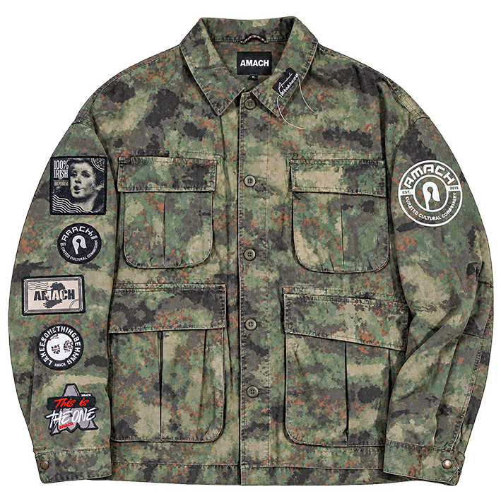 AMACH By Any Means camo military jacket covered in patches, front