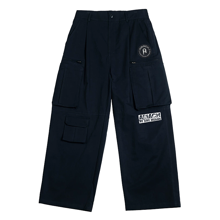 AMACH By Any Means navy cargo trousers with embroidered patches and screen print