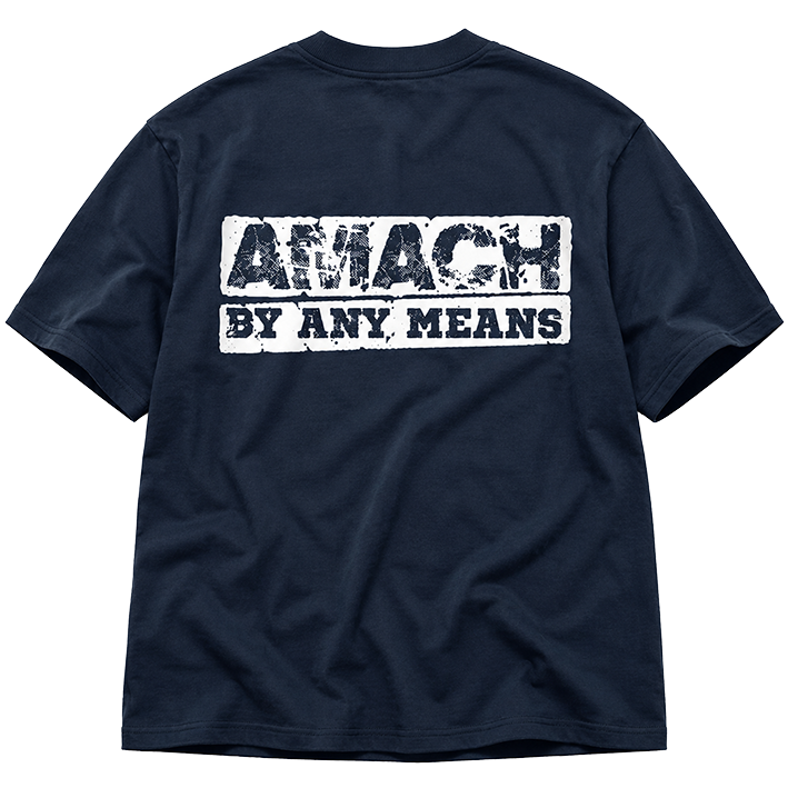 AMACH By Any Means navy distressed t-shirt with hand-cut chest revealing an embroidered patch (detail)