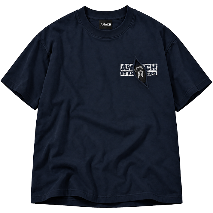 AMACH By Any Means navy distressed t-shirt with hand-cut chest revealing an embroidered patch