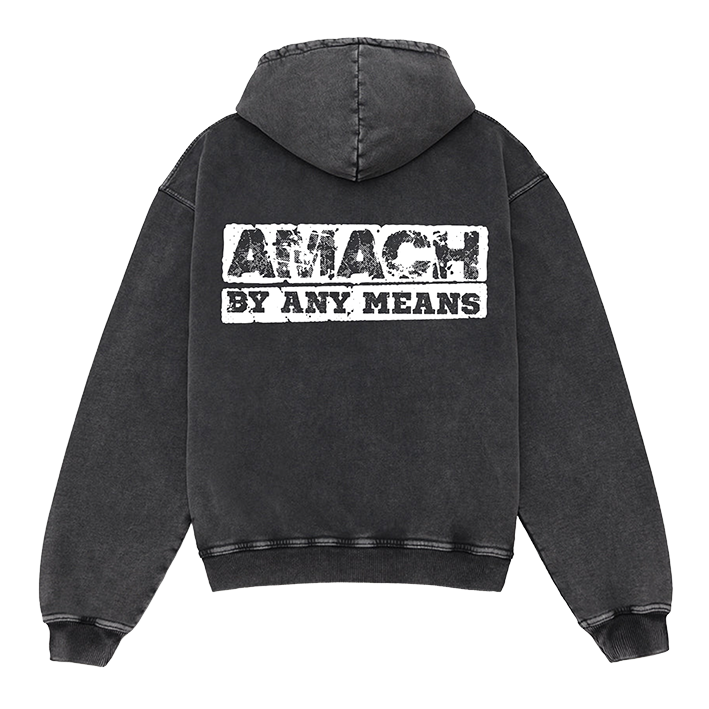 AMACH By Any Means vintage black distressed hoodie with hand-cut chest revealing an embroidered patch (detail)