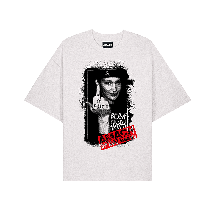 AMACH Bella charity t-shirt with a two-colour screen print of Bella Hadid
