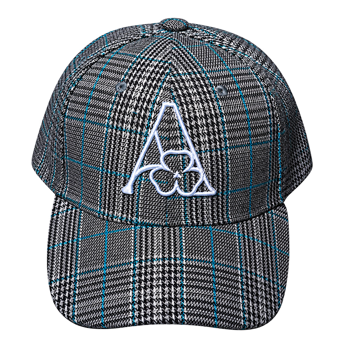 AMACH plaid cap in blue with 3D embroidered A logo, front