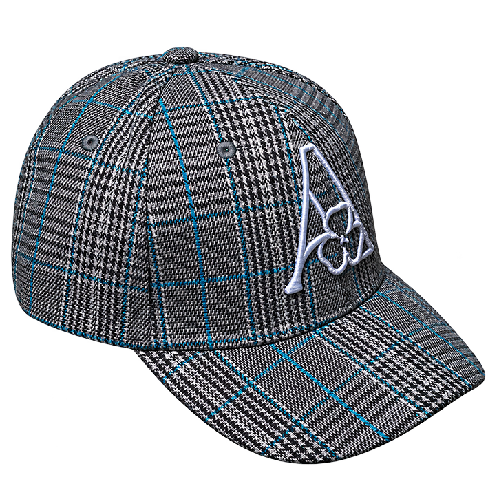 AMACH plaid cap in blue with 3D embroidered A logo, back with embroidered amach logo