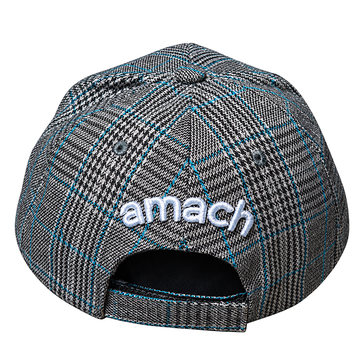 AMACH plaid cap in blue with 3D embroidered A logo, three-quarter view