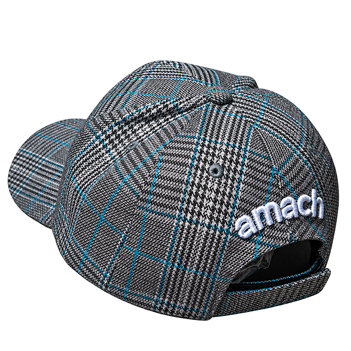 AMACH plaid cap in blue with 3D embroidered A logo, side view of the back