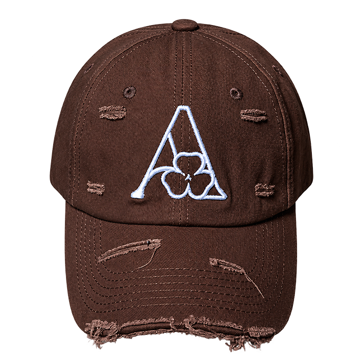 AMACH distressed cap in brown with 3D embroidered A logo, front