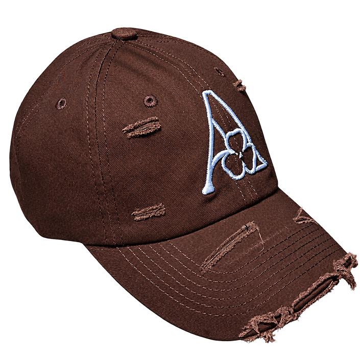 AMACH distressed cap in brown with 3D embroidered A logo, three-quarter view