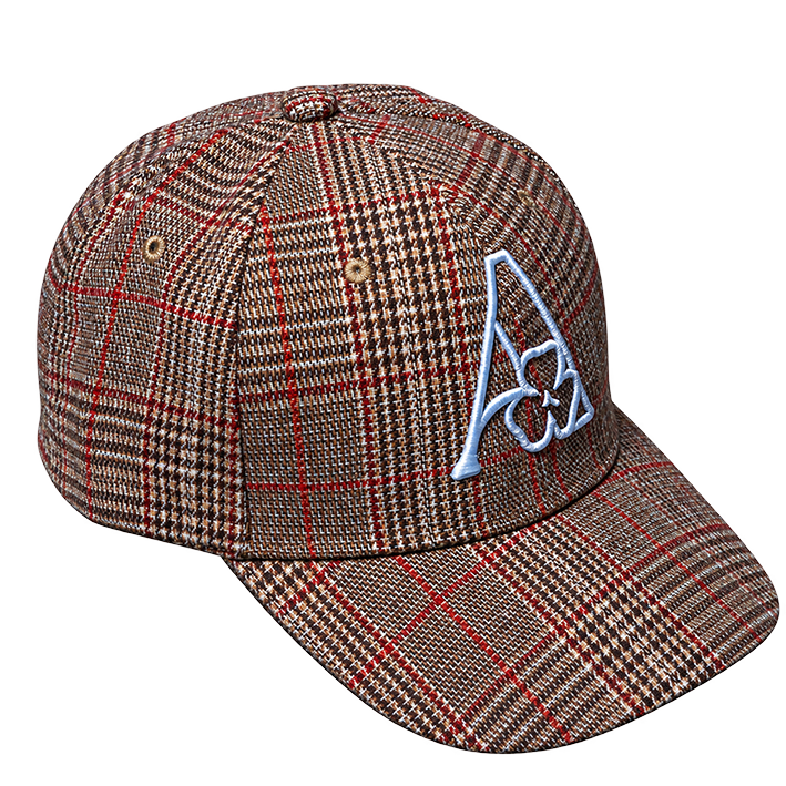 AMACH plaid cap in brown with 3D embroidered A logo, front angle