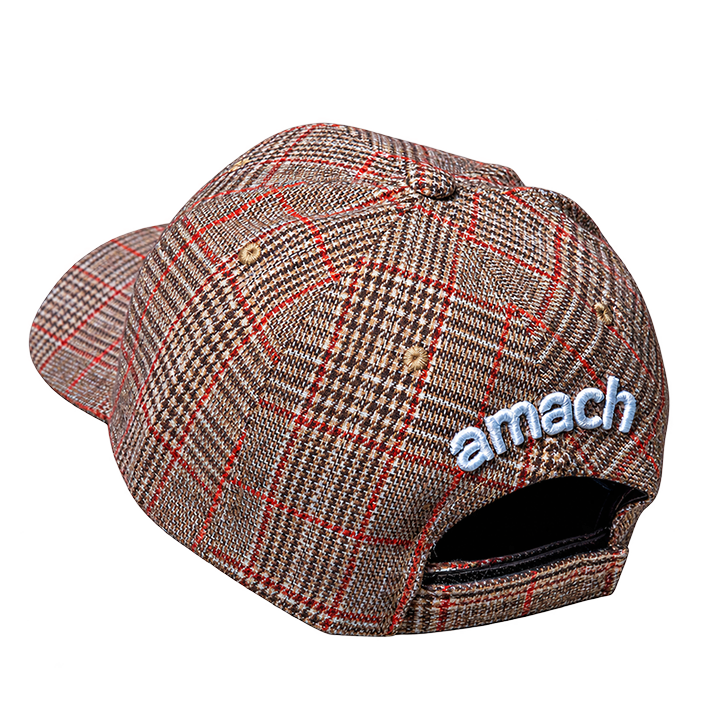 AMACH plaid cap in brown with 3D embroidered A logo, back with embroidered amach logo