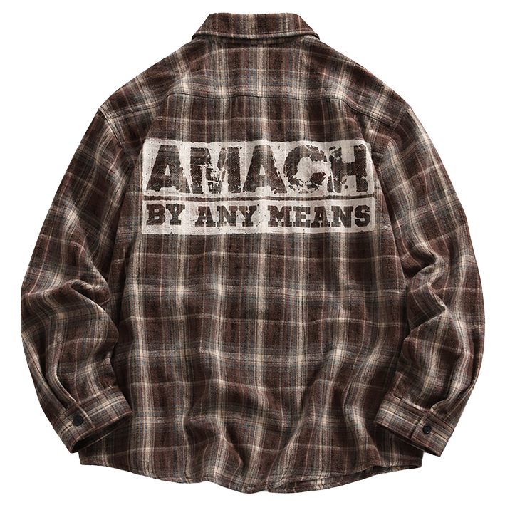 AMACH By Any Means brown plaid shirt with distressed AMACH By Any Means print, back