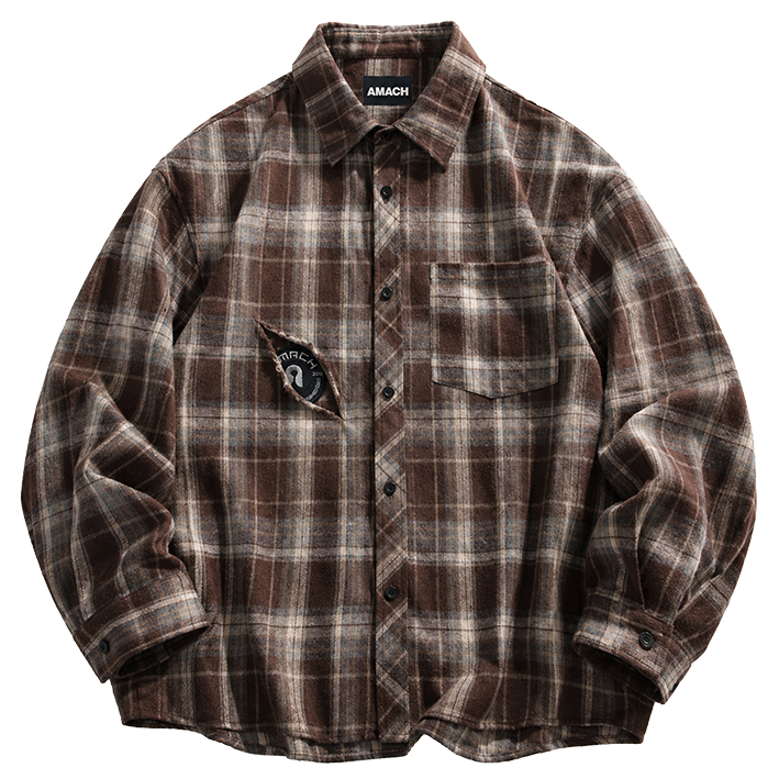 AMACH By Any Means brown plaid shirt, front