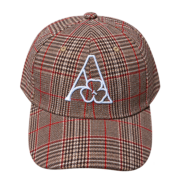 AMACH plaid cap in brown with 3D embroidered A logo, front
