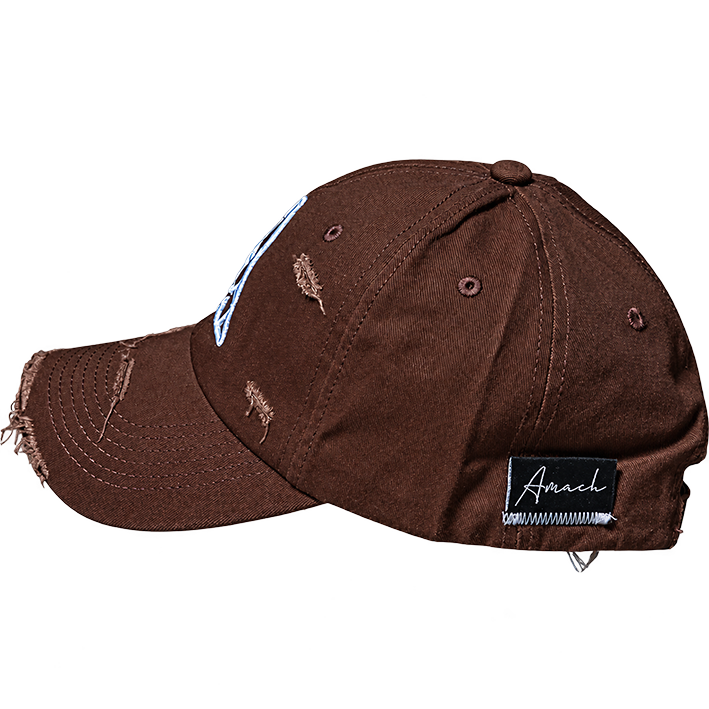 AMACH distressed cap in brown with 3D embroidered A logo, side with woven label