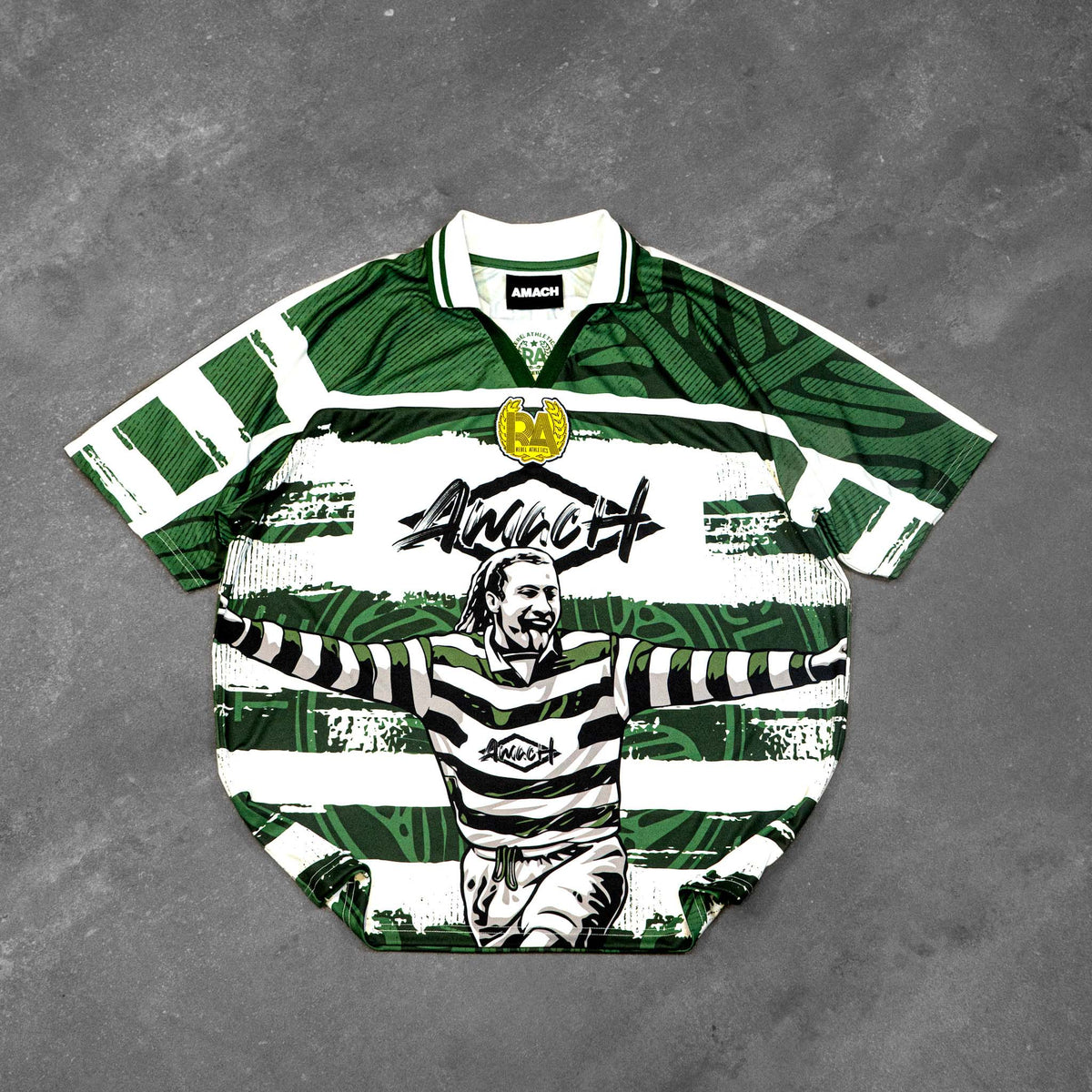 AMACH Rebel Athletics Larsson jersey, green and white hooped 90s-style football shirt, front flat lay
