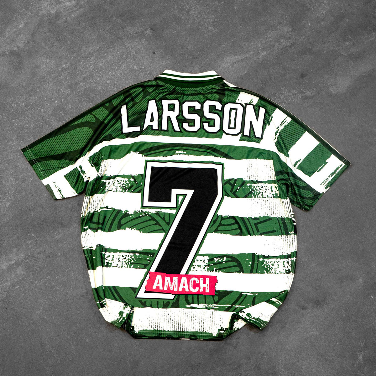 AMACH Rebel Athletics Larsson jersey, green and white hooped 90s-style football shirt, back flat lay with Larsson 7
