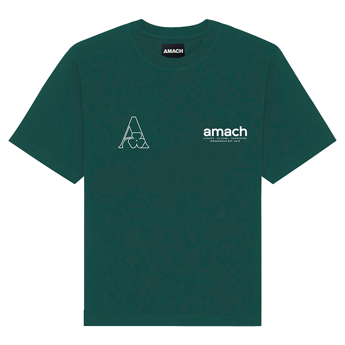 AMACH Core T-shirt in green, a relaxed-fit organic cotton tee with small chest screen prints