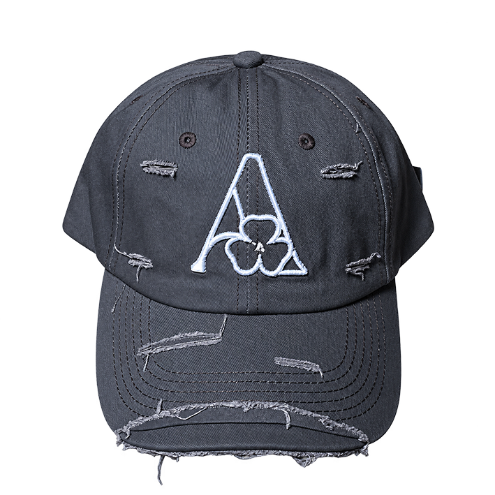 AMACH distressed cap in grey with 3D embroidered A logo, front