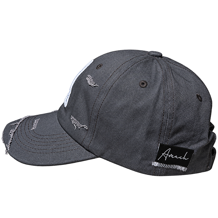 AMACH distressed cap in grey with 3D embroidered A logo, side with woven label