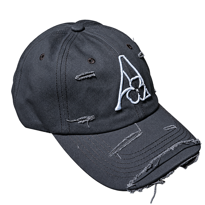 AMACH distressed cap in grey with 3D embroidered A logo, three-quarter view