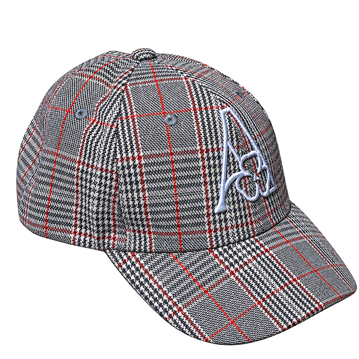 AMACH plaid cap in grey with 3D embroidered A logo, three-quarter view