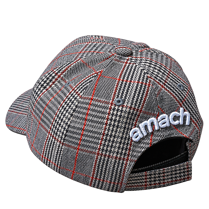 AMACH plaid cap in grey with 3D embroidered A logo, side view of the back