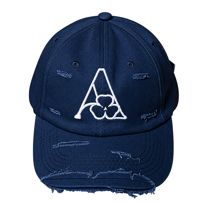 AMACH distressed cap in navy with 3D embroidered A logo, front