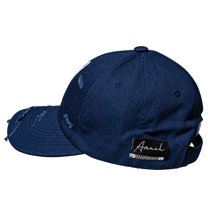 AMACH distressed cap in navy with 3D embroidered A logo, side with woven label