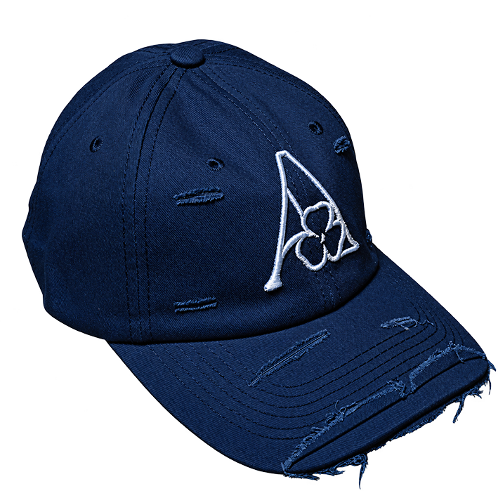 AMACH distressed cap in navy with 3D embroidered A logo, three-quarter view
