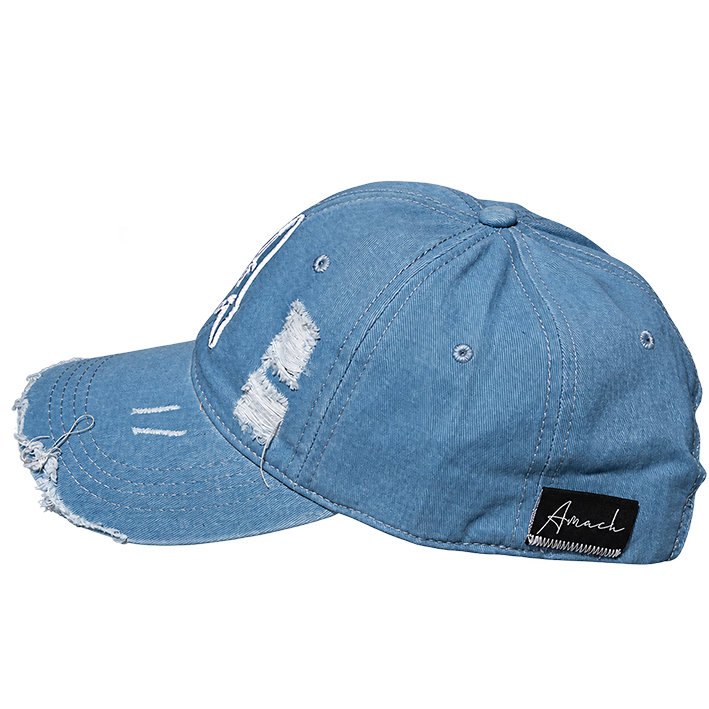 AMACH distressed cap in sky blue with 3D embroidered A logo, three-quarter view