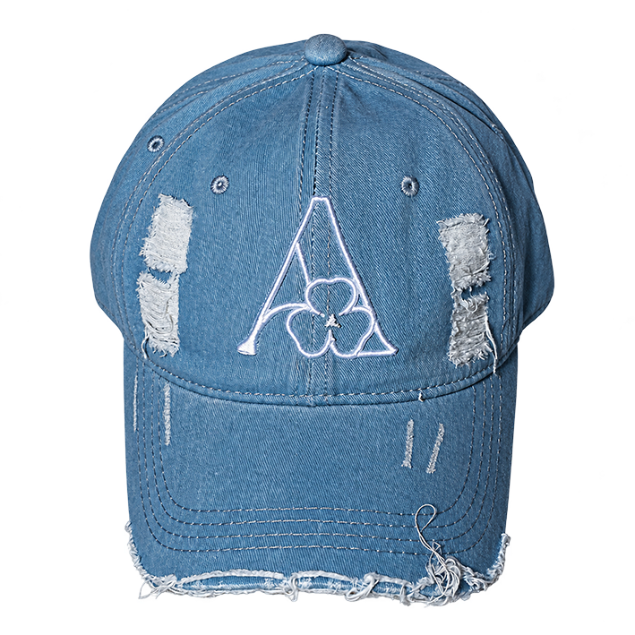 AMACH distressed cap in sky blue with 3D embroidered A logo, front