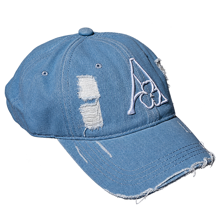 AMACH distressed cap in sky blue with 3D embroidered A logo, side with woven label