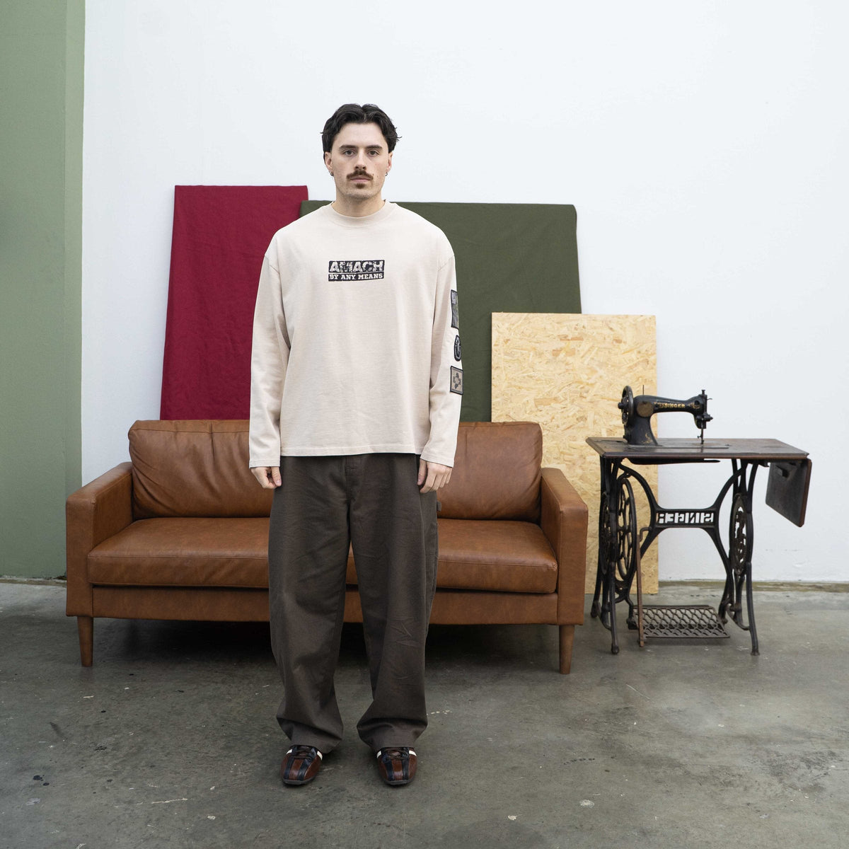 AMACH By Any Means cream long-sleeve t-shirt with brown patch pants