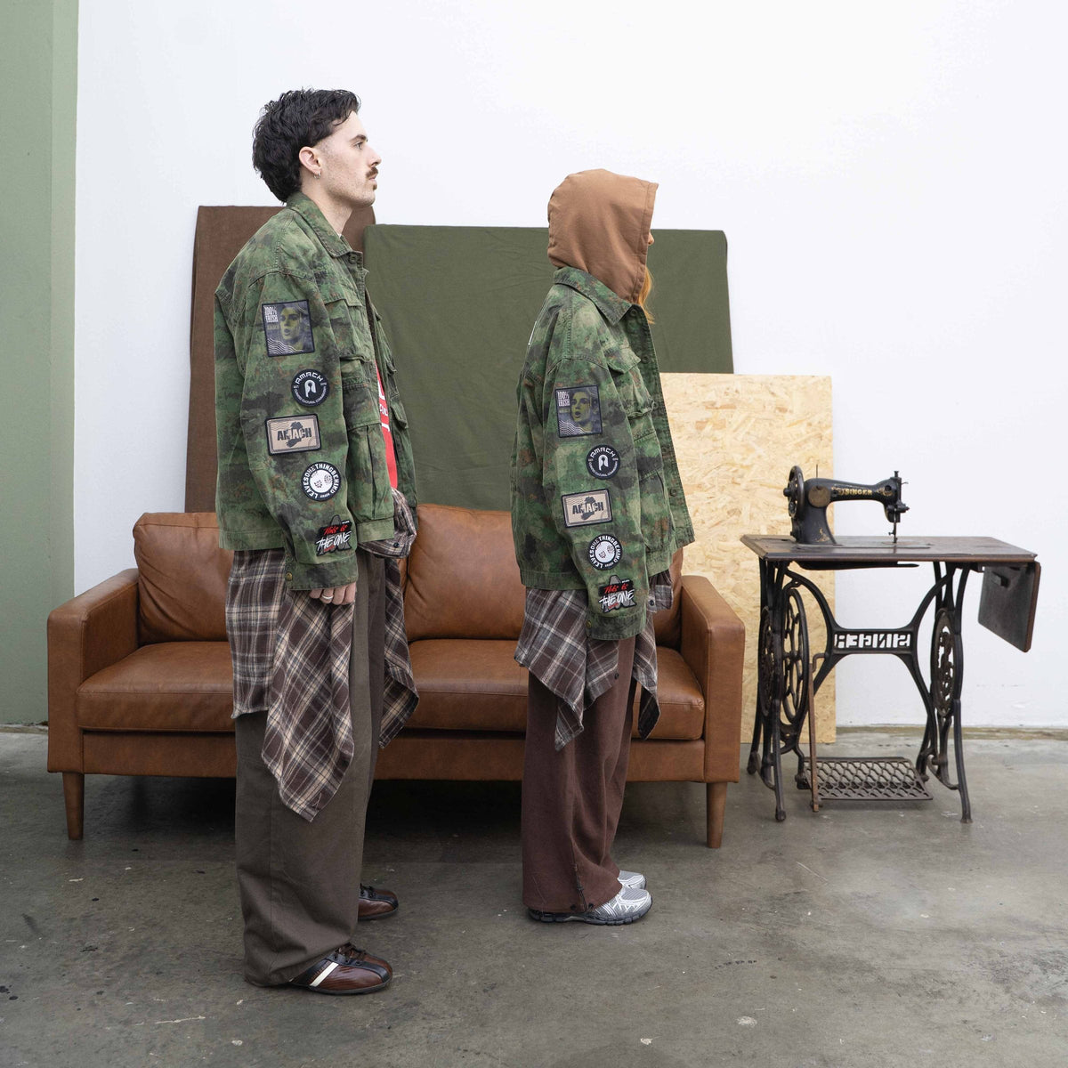 AMACH By Any Means camo military jacket covered in patches