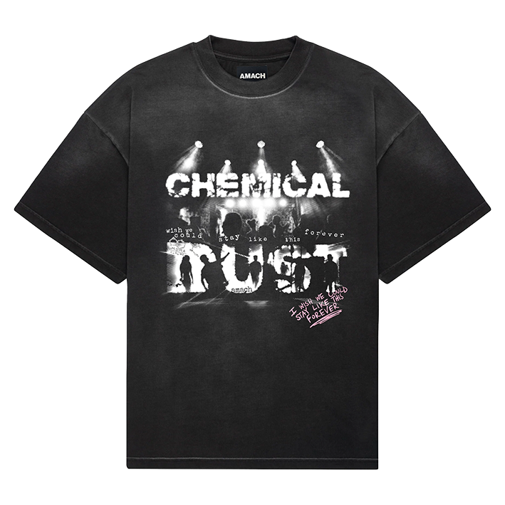 AMACH Chemical Dust t-shirt in sun-faded black with a distressed Chemical Dust rave graphic