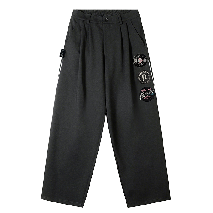 AMACH Euphoric Love slacks in charcoal with white side stripes, embroidered patches and a woven record patch